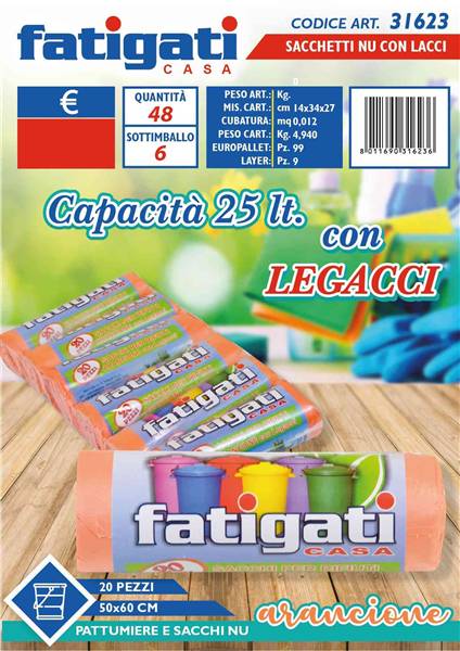 FATIGATI SACCHI C/LACCI 20PZ 50X60 ARANC 