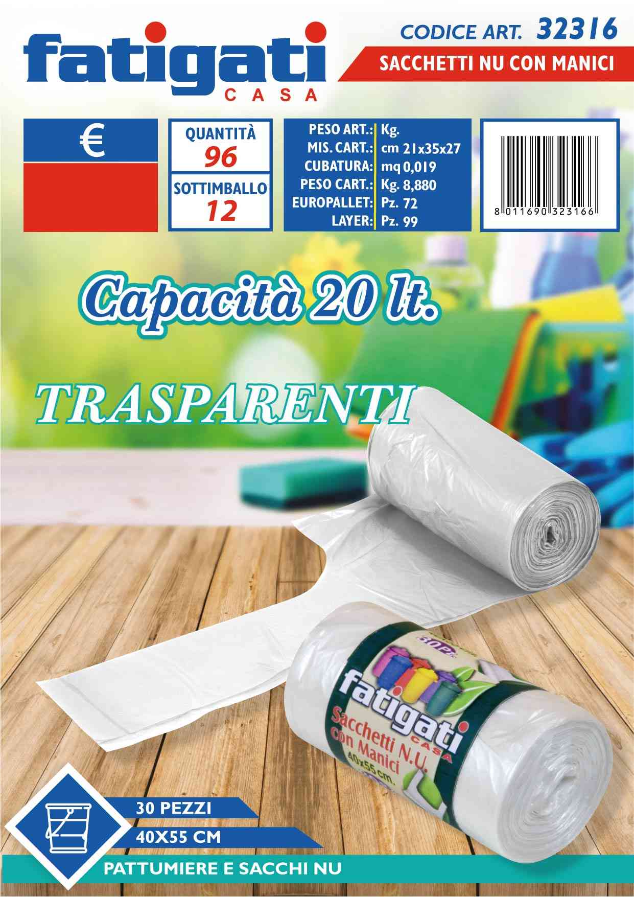 FATIGATI SACCHETTI C/MAN 30PZ 40X55 TRAS