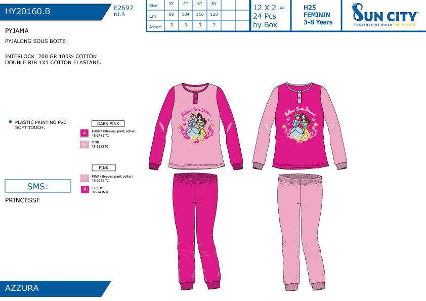 SUN PIGIAMA TG.ASS. PRINCESSE 20160.B IN CALDO COTONE