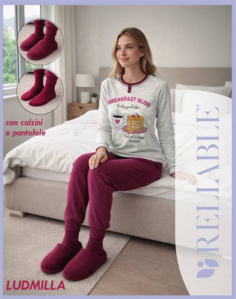 RL PIGIAMA DONNA CALDO COTONE LUDMILLA CON CALZINI E PANTOFOLE