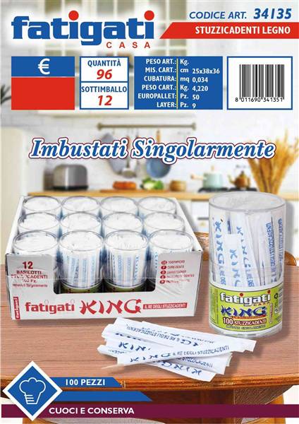 FATIGATI STUZZICADENTI LEGNO 100PZ IMBUS IMBUSTATI SINGOLARMENTE