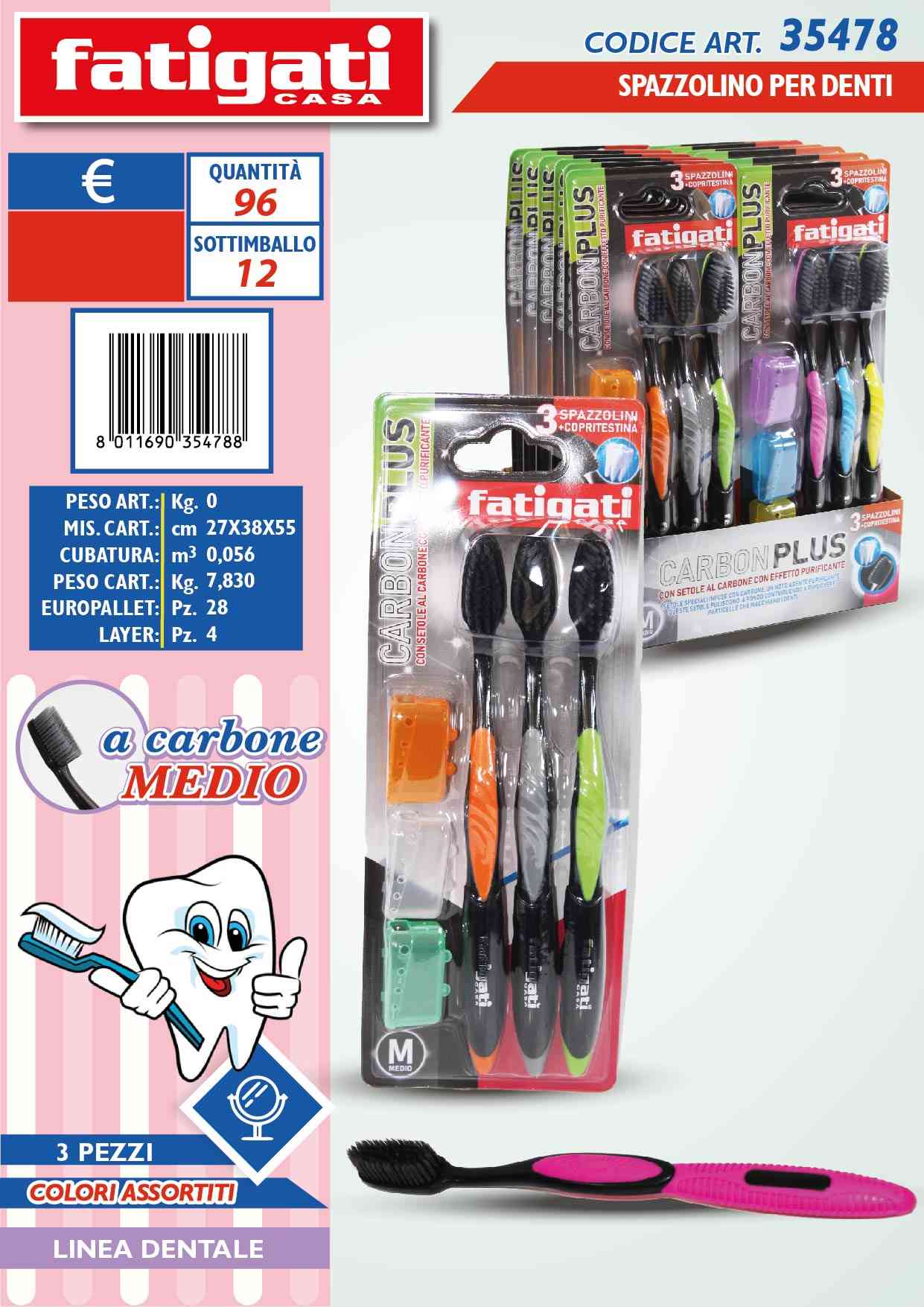 FATIGATI SPAZZOLINO DENTI CARBONE 3PZ MEDIO