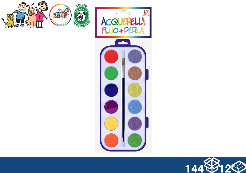EOL COLORI ACQUERELLO CON PENNELLO 12PZ FLUO+PERLA