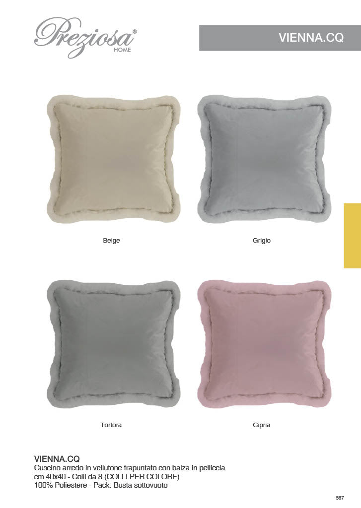 PREZIOSA CUSCINO ARREDO 40X40 VELLUTONE TRAPUNTATO C/BALZA IN PELLICCIA VIENNA.CQ.GRIGIO