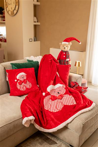 PREZIOSA PLAID 130X160 NATALE 23070 IN CORAL CON RICAMO ORSACCHIOTTO E RETRO IN SHERPA