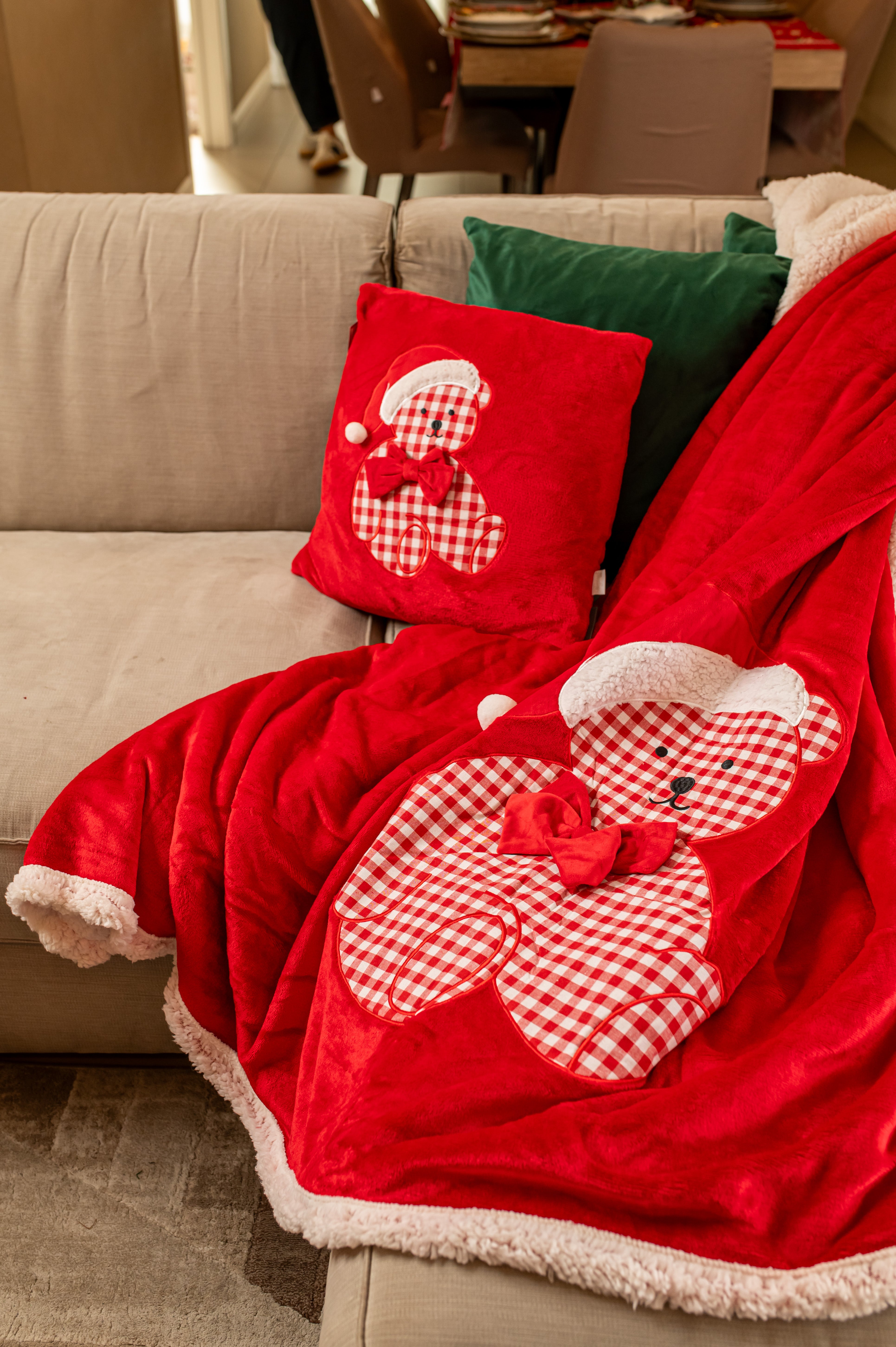 PREZIOSA PLAID 130X160 NATALE 23070 IN CORAL CON RICAMO ORSACCHIOTTO E RETRO IN SHERPA