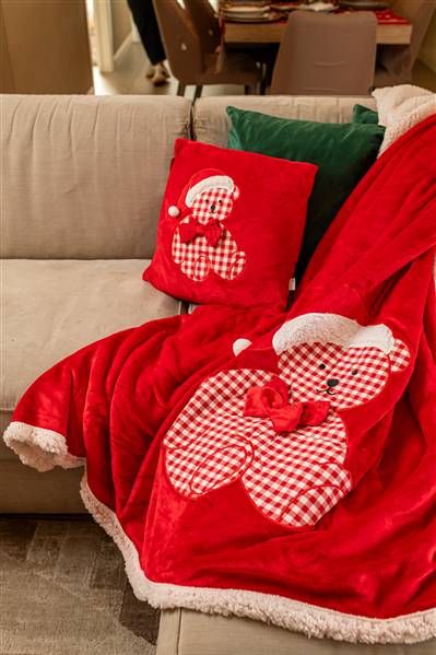 PREZIOSA PLAID 130X160 NATALE 23070 IN CORAL CON RICAMO ORSACCHIOTTO E RETRO IN SHERPA