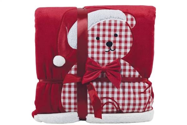 PREZIOSA PLAID 160X210 NATALE 23071 IN CORAL CON RICAMO ORSACCHIOTTO E RETRO IN SHERPA