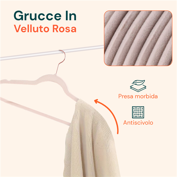 AVILIA GRUCCE APPENDIABITI ROSA 50PZ IN VELLUTO ANTISCIVOLO E GANCIO IN METALLO