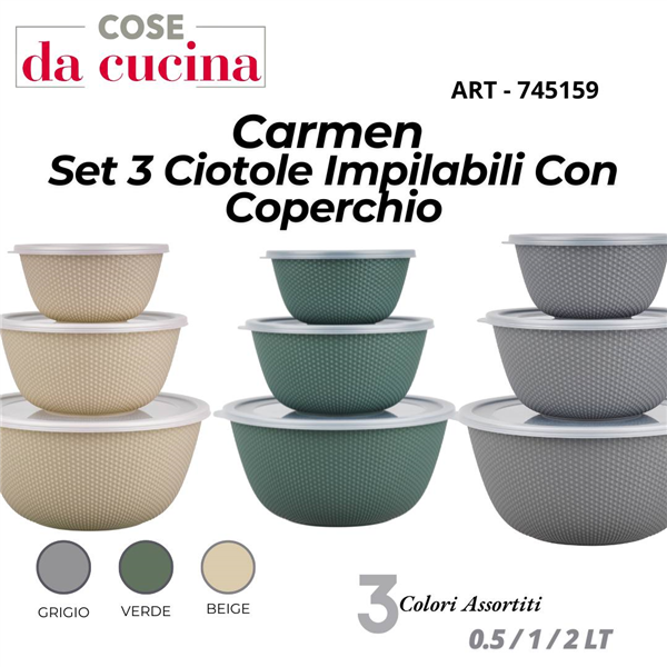 CS CIOTOLE 3PZ CARMEN CON COPERCHIO 0.5+1+2LT. COLORI ASSORTITI