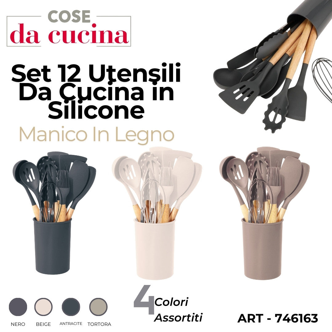 CS UTENSILI 12PZ CUCINA IN SILICONE ASS. CON MANICO LEGNO