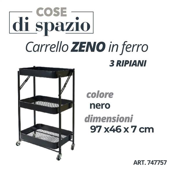 CS CARRELLO FERRO 3 RIPIANI NERO ZENO 97X46X7 CM.