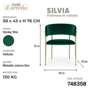 CS POLTRONA SILVIA VERDE C/PIEDI ORO 58X43XH76
