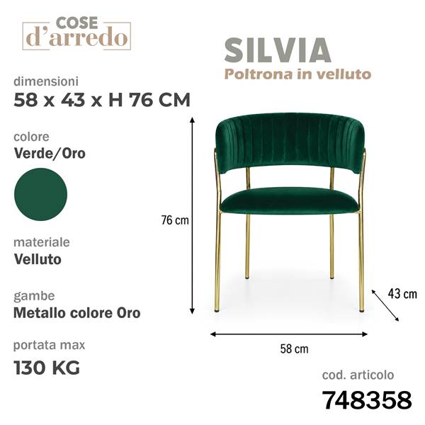CS POLTRONA SILVIA VERDE C/PIEDI ORO 58X43XH76