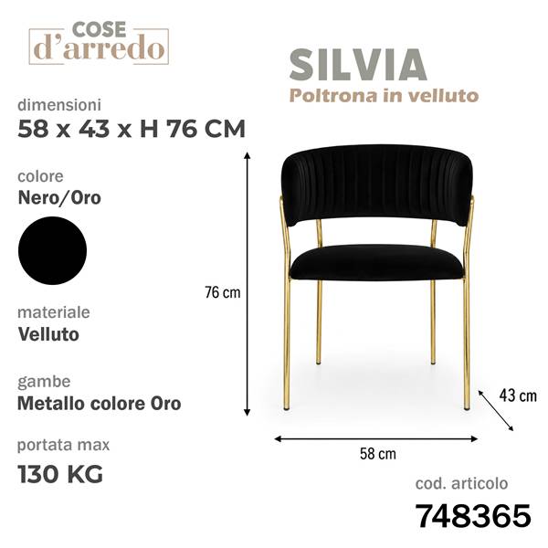 CS POLTRONA SILVIA NERA C/PIEDI ORO 58X43XH76