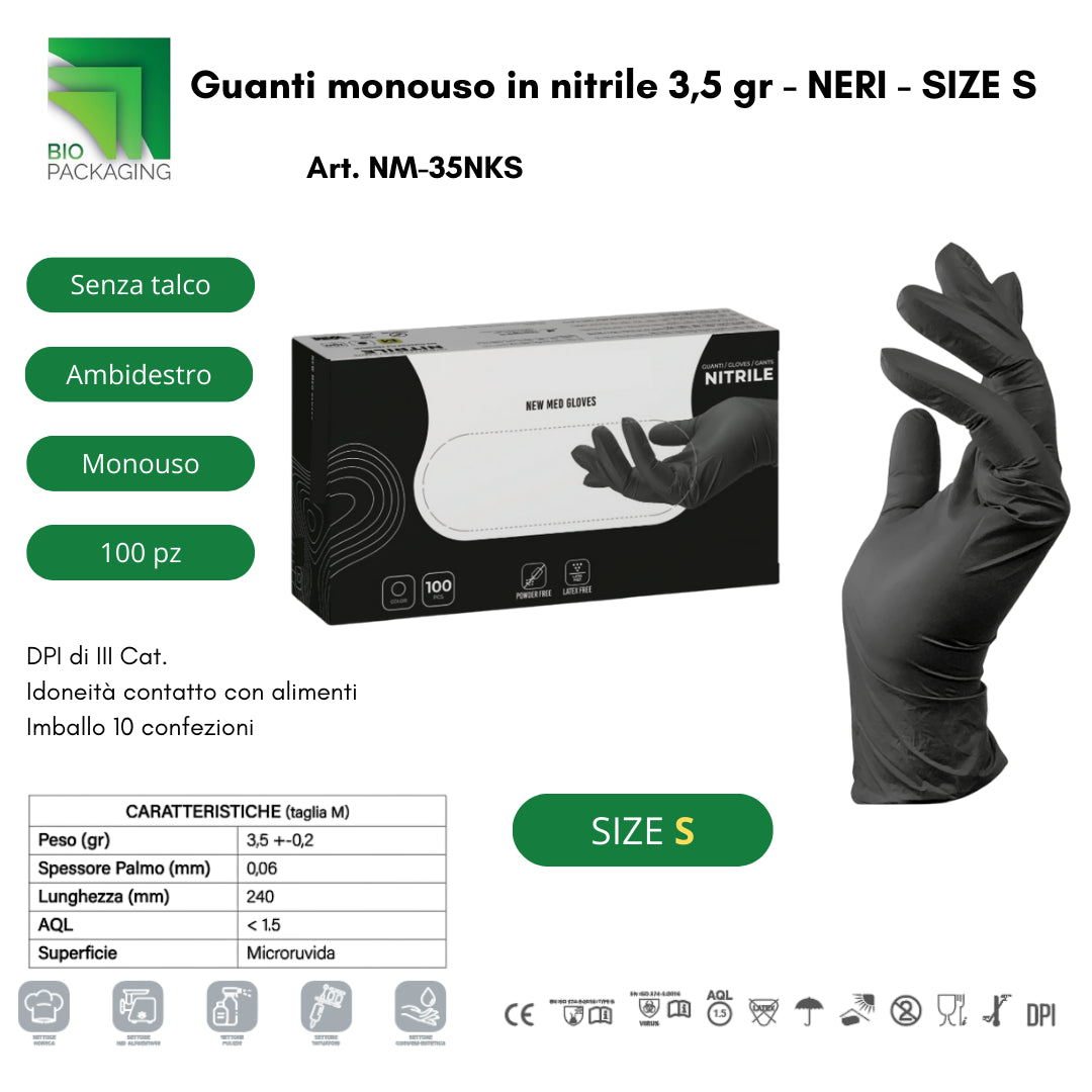 BIO GUANTI NITRILE NERO 100PZ TAGLIA S