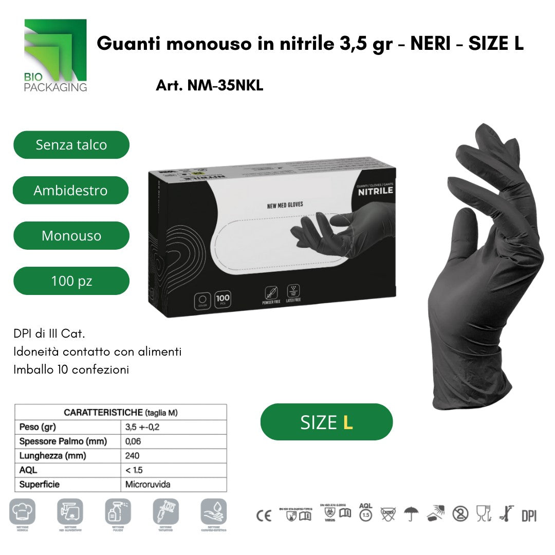 BIO GUANTI NITRILE NERO 100PZ TAGLIA L