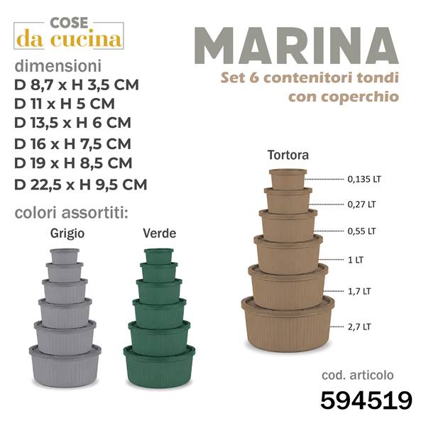 CS CONTENITORI 6PZ MARINA TONDI 0,135/0,27/0,55/1/1,7/2,7 LT. COL.ASS.