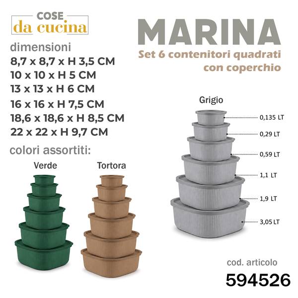 COSENTINO CONTENITORI 6PZ MARINA QUADRAT 0,135/0,29/0,59/1,1/1,9/3,05 LT COL.ASS.