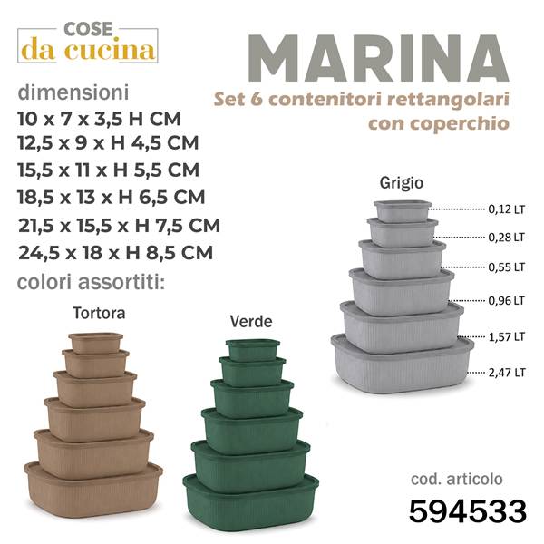 COSENTINO CONTENITORI 6PZ MARINA RETTANG 0,12/0,28/0,55/0,96/1,57/2,47 LT COL.ASS.