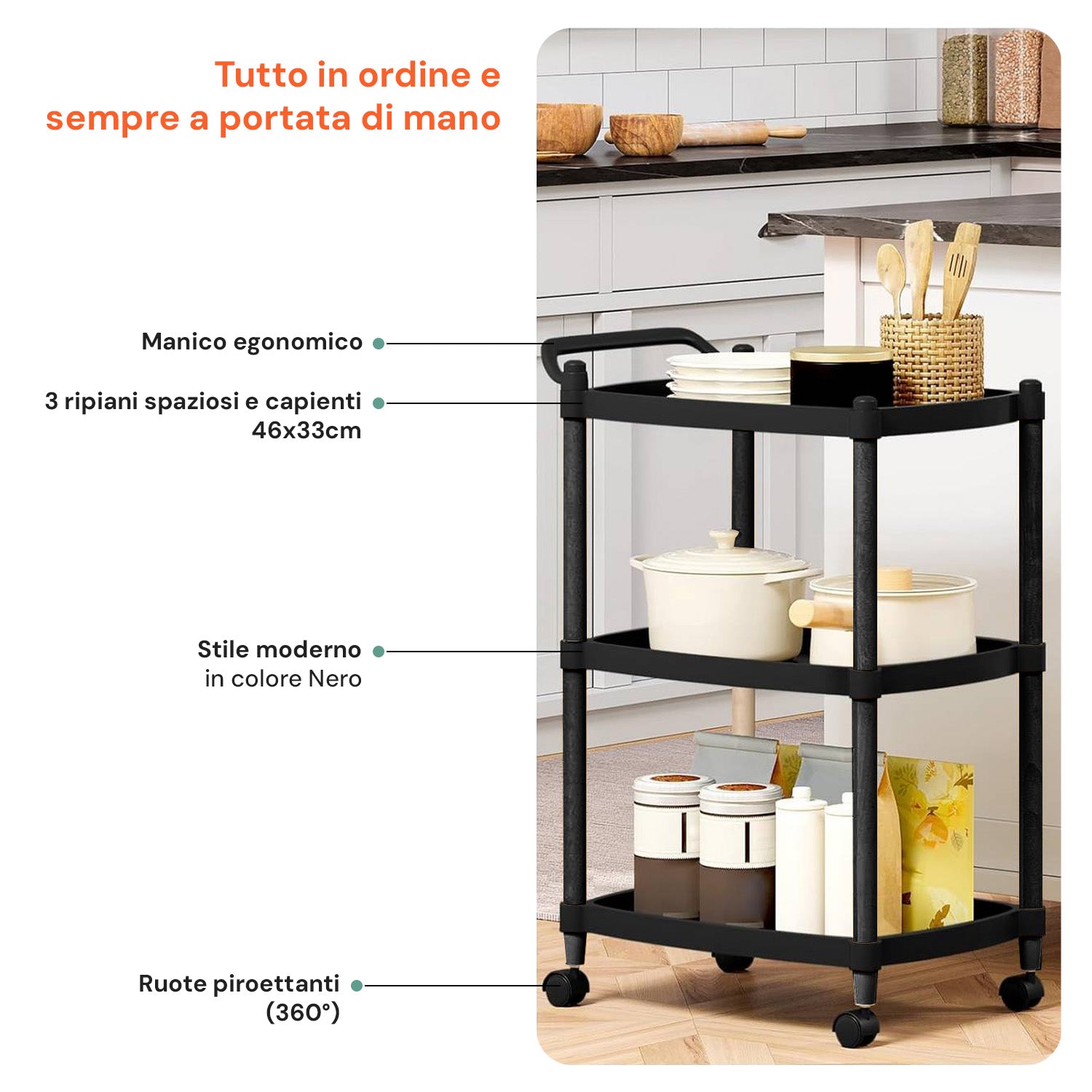 AVILIA CARRELLO SALVASPAZIO MULTIF NERO 4 RUOTE + 3 RIPIANI C/MANICO 46X33X74