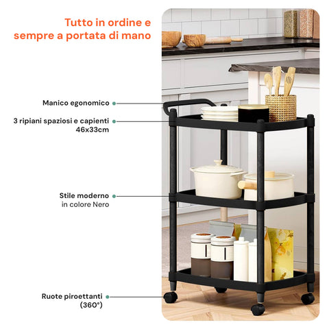 AVILIA CARRELLO SALVASPAZIO MULTIF NERO 4 RUOTE + 3 RIPIANI C/MANICO 46X33X74 - Infinity Home Store
