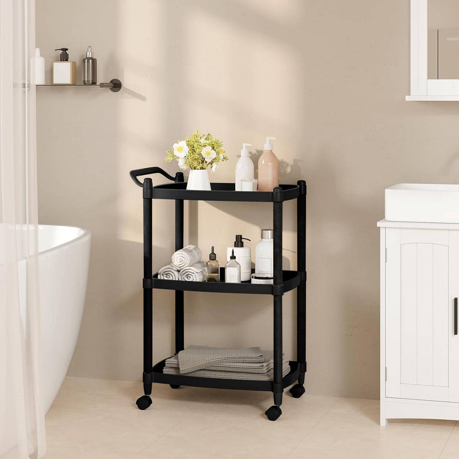 AVILIA CARRELLO SALVASPAZIO MULTIF NERO 4 RUOTE + 3 RIPIANI C/MANICO 46X33X74