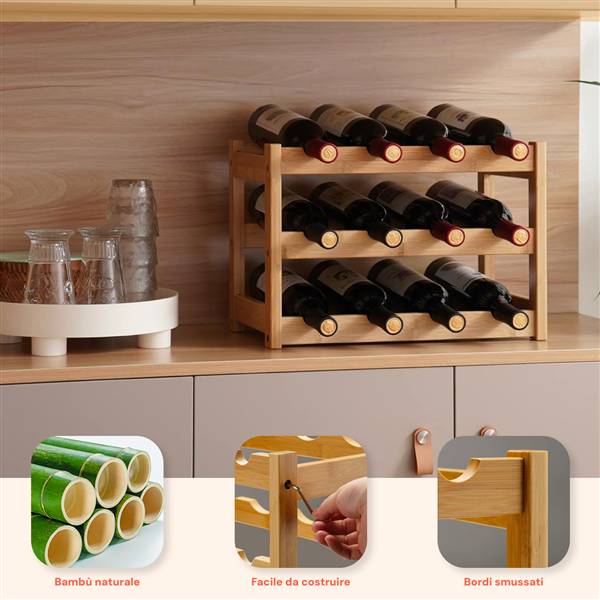 AVILIA ORGANIZER IN BAMBU CON 3 RIPIANI PER 12 BOTTIGLIE 42X21X28 CM.
