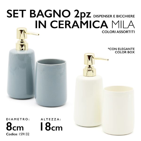 MMZ SET BAGNO 2PZ MILA IN CERAMICA DISPENSER E BICCHIERE COL. ASS.
