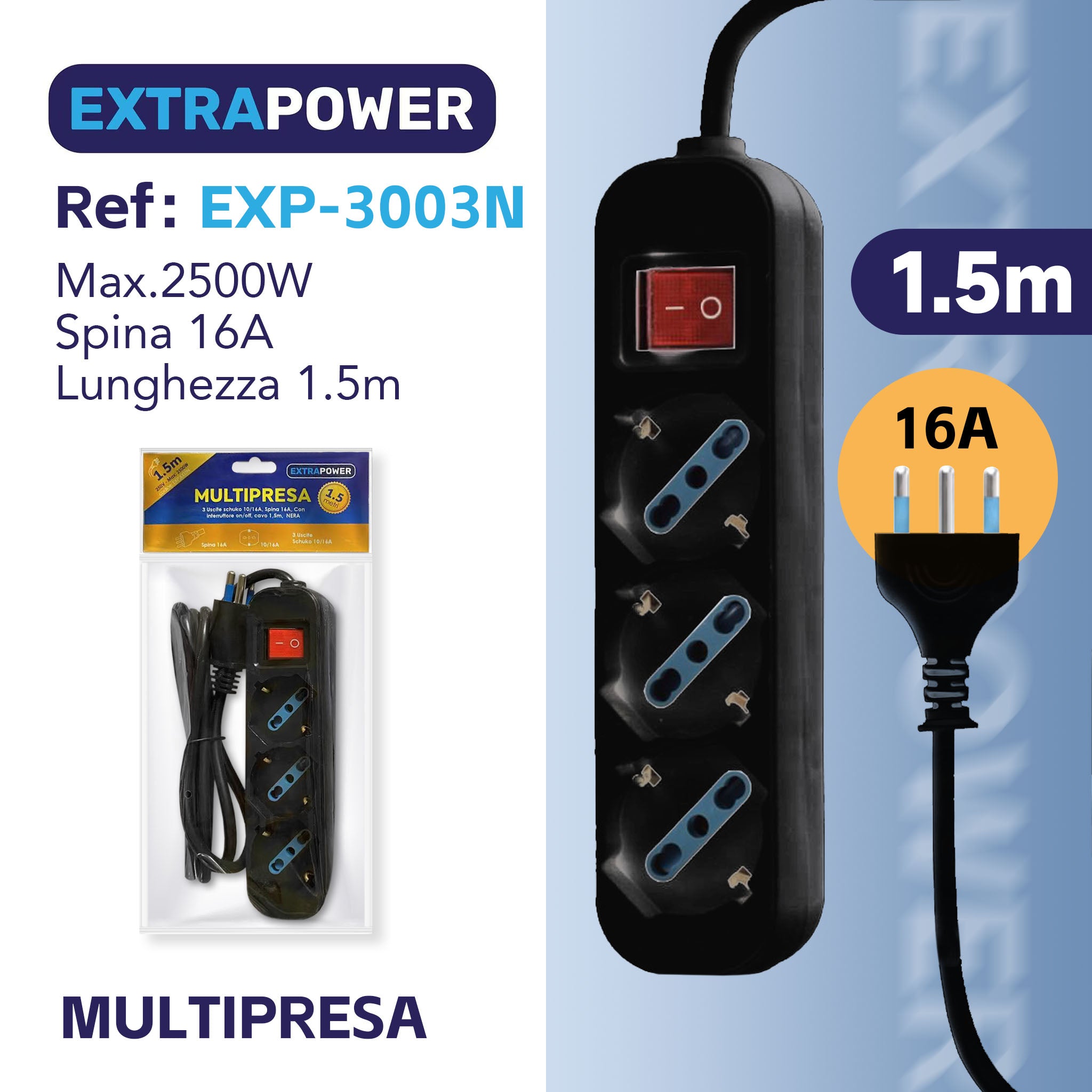 HD MULTIPRESA 3 USCITE SCHUKO C/INTERRUTTORE ON/OFF ART.EXP3003N