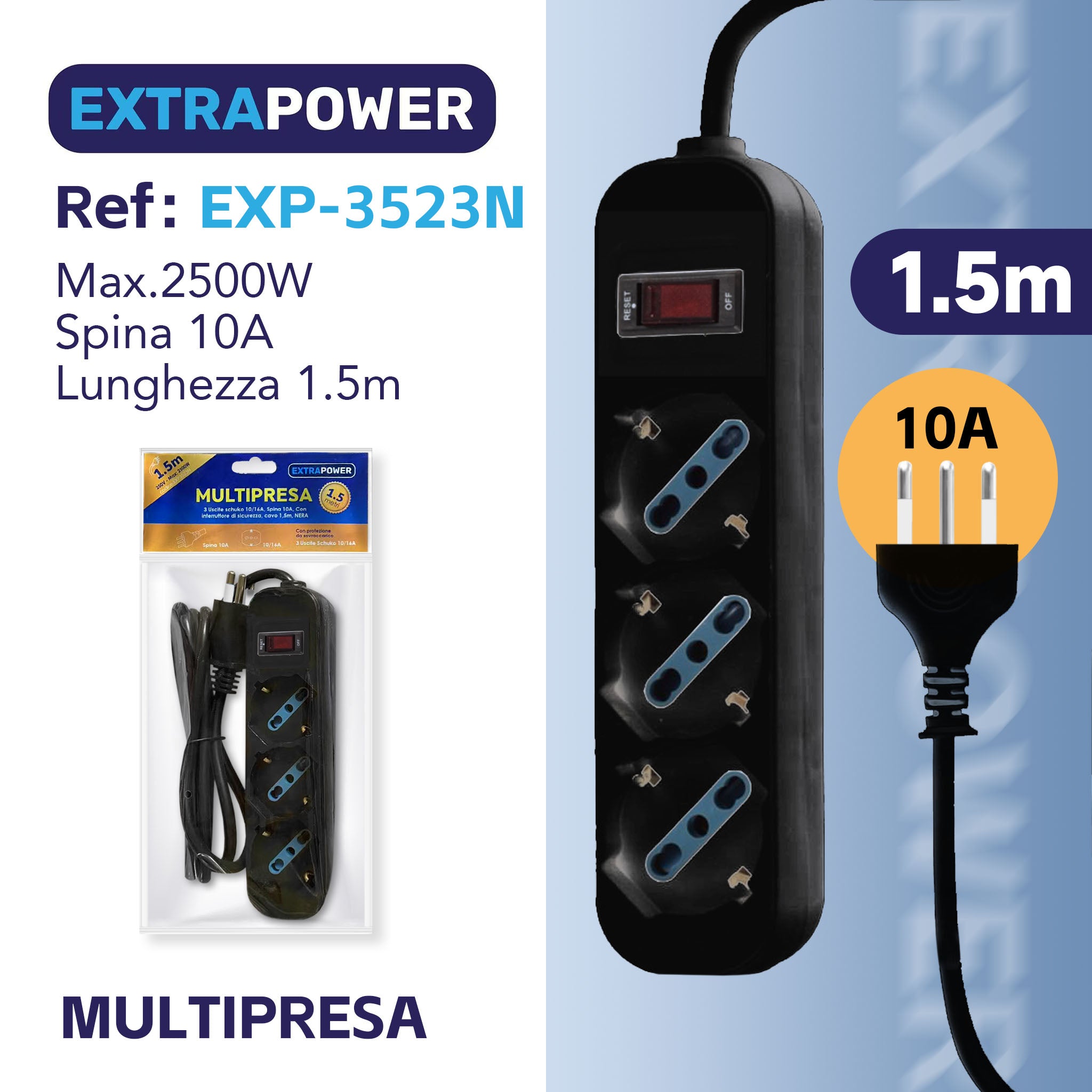 HD MULTIPRESA 3 USCITE SCHUKO C/INTERRUTTORE DI SICUREZZA ART.EXP3523N