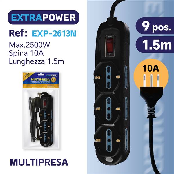 HD MULTIPRESA 6 POSTI BIPASSO 2 SCHUKO C/INTERRUTTORE DI SOVVRAC. ART.EXP2613N