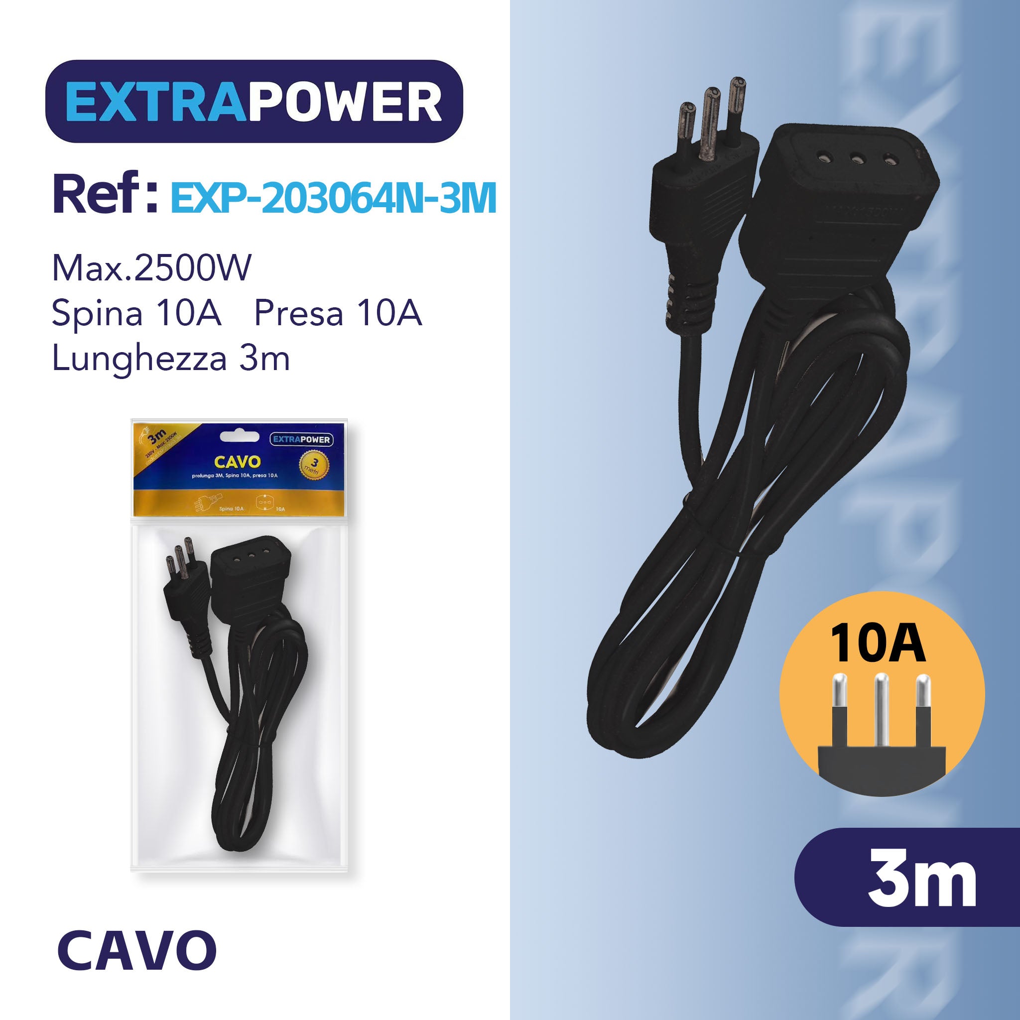 HD PROLUNGA 3MT SPINA 10A PRESA 10A ART.EXP203064N-3M