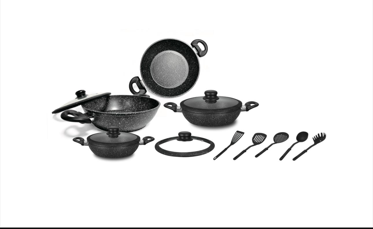 HOME BAVARIA SET TEGAMI 13PZ NERO 20/24/28/32CM CON COPERCHI IN VETRO E MESTOLI