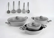 HOME BAVARIA SET TEGAMI 13PZ GRIGI 20/24/28/32CM CON COPERCHI IN VETRO E MESTOLI