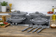 HOME BAVARIA SET TEGAMI 13PZ GRIGI 20/24/28/32CM CON COPERCHI IN VETRO E MESTOLI