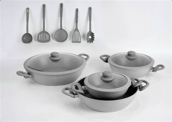 HOME BAVARIA SET TEGAMI 13PZ GRIGI 20/24/28/32CM CON COPERCHI IN VETRO E MESTOLI