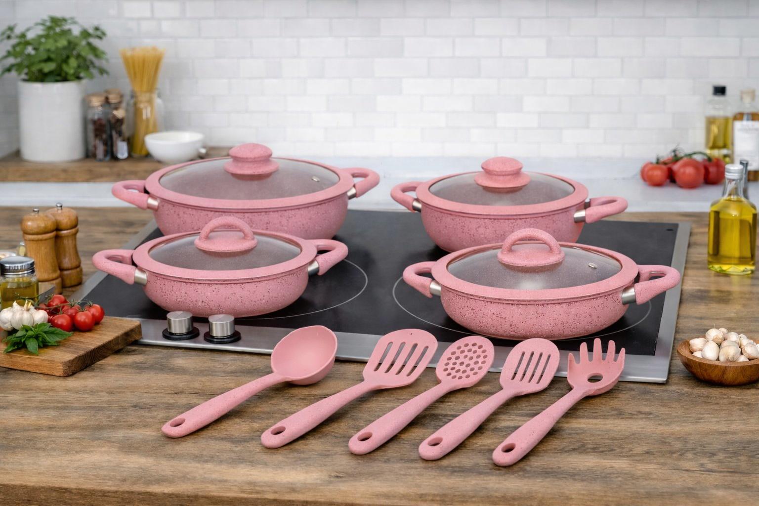HOME BAVARIA SET TEGAMI 13PZ ROSA 20/24/28/32CM CON COPERCHI IN VETRO E MESTOLI