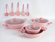 HOME BAVARIA SET TEGAMI 13PZ ROSA 20/24/28/32CM CON COPERCHI IN VETRO E MESTOLI