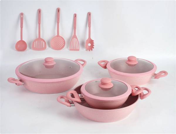 HOME BAVARIA SET TEGAMI 13PZ ROSA 20/24/28/32CM CON COPERCHI IN VETRO E MESTOLI