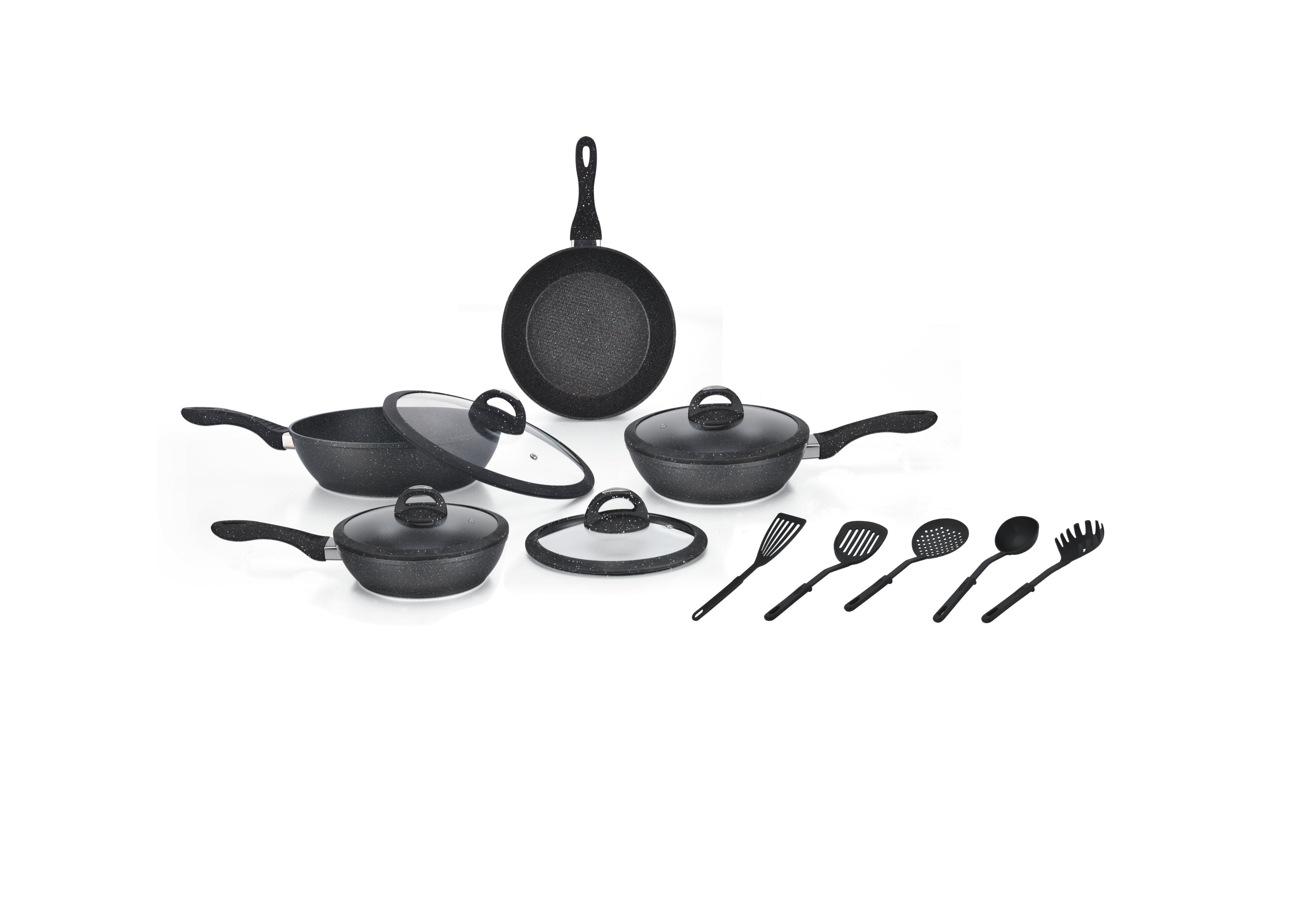 HOME BAVARIA SET PADELLE 13PZ NERE 20/24/28/32CM CON COPERCHI IN VETRO E MESTOLI