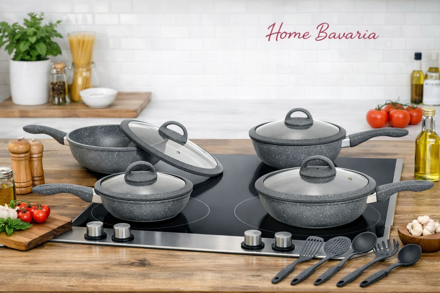 HOME BAVARIA SET PADELLE 13PZ GRIGIE 20/24/28/32CM CON COPERCHI IN VETRO E MESTOLI