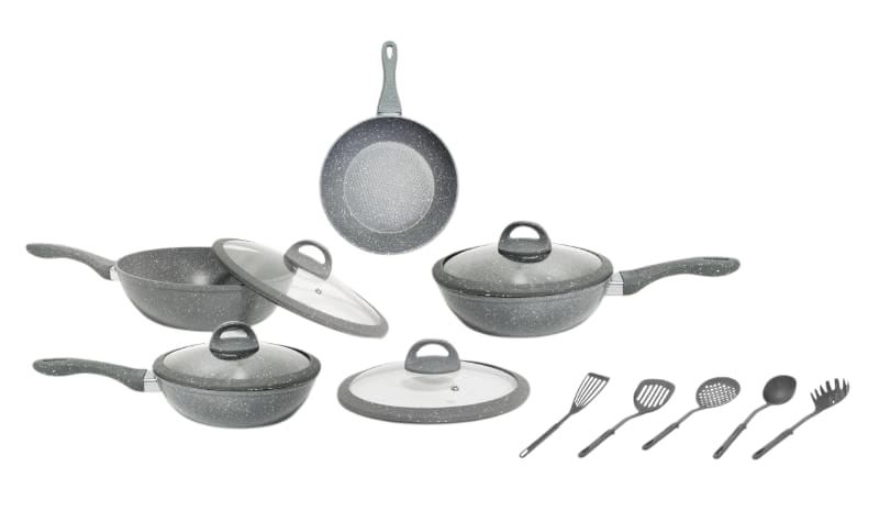 HOME BAVARIA SET PADELLE 13PZ GRIGIE 20/24/28/32CM CON COPERCHI IN VETRO E MESTOLI