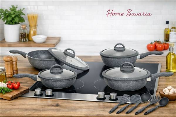 HOME BAVARIA SET PADELLE 13PZ GRIGIE 20/24/28/32CM CON COPERCHI IN VETRO E MESTOLI