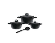 HOME BAVARIA SET CASSERUOLE 7PZ NERE 20/24/28CM CON COPERCHI IN VETRO E MESTOLO