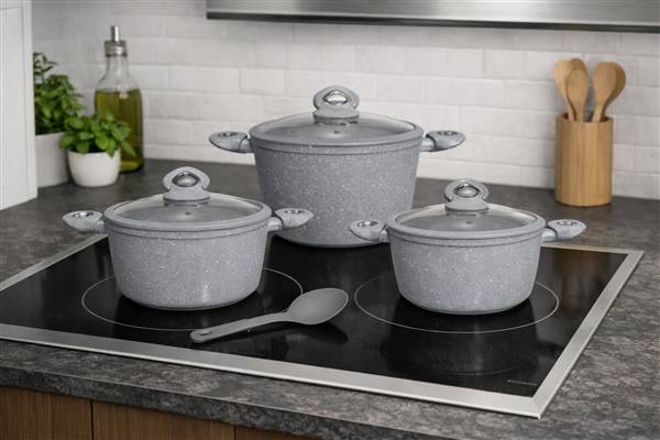 HOME BAVARIA SET CASSERUOLE 7PZ GRIGIE 20/24/28CM CON COPERCHI VETRO E MESTOLO