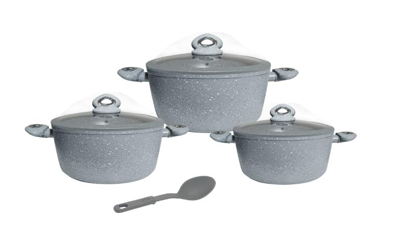 HOME BAVARIA SET CASSERUOLE 7PZ GRIGIE 20/24/28CM CON COPERCHI VETRO E MESTOLO