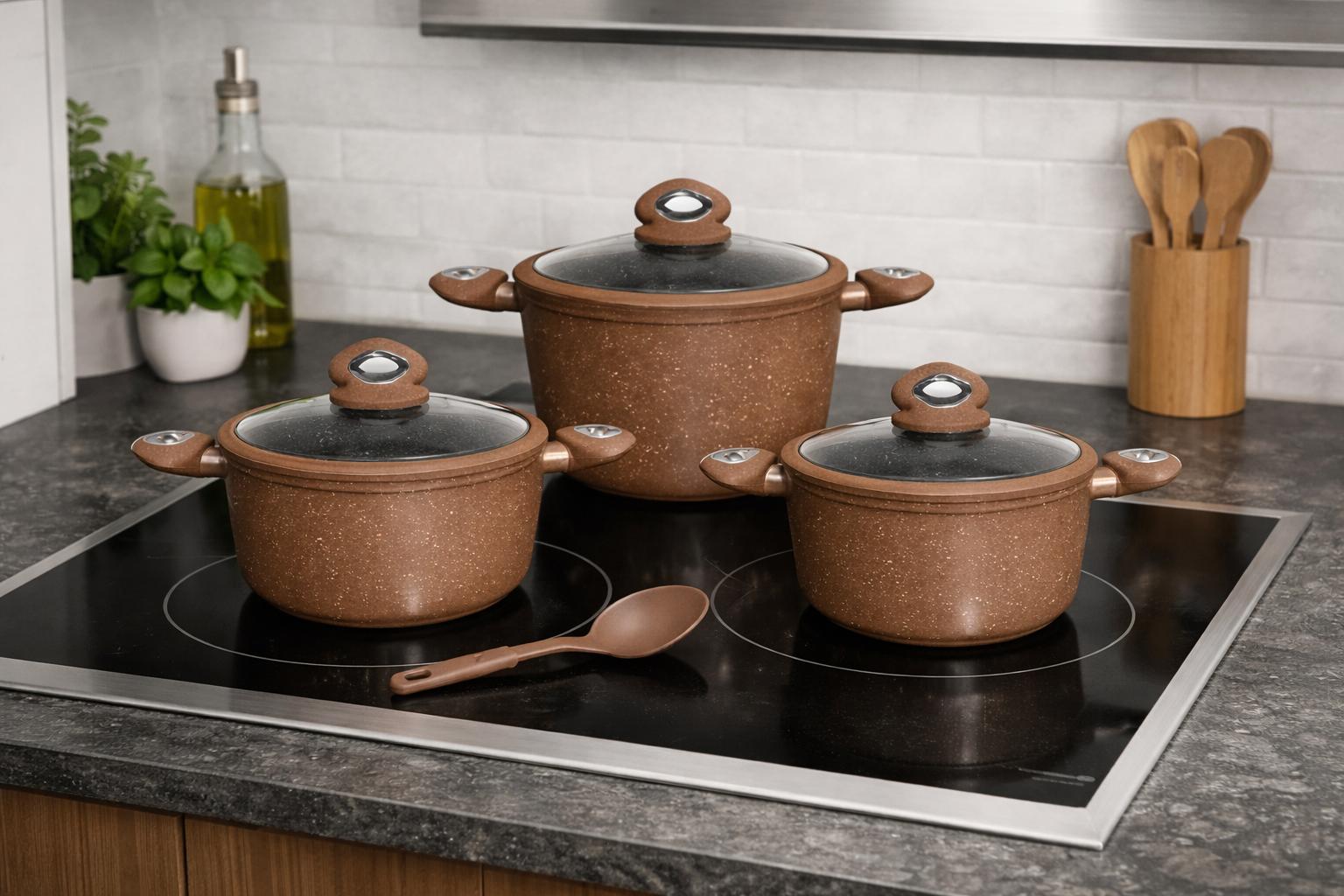 HOME BAVARIA SET CASSERUOLE 7PZ ORO 20/24/28CM CON COPERCHI IN VETRO E MESTOLO