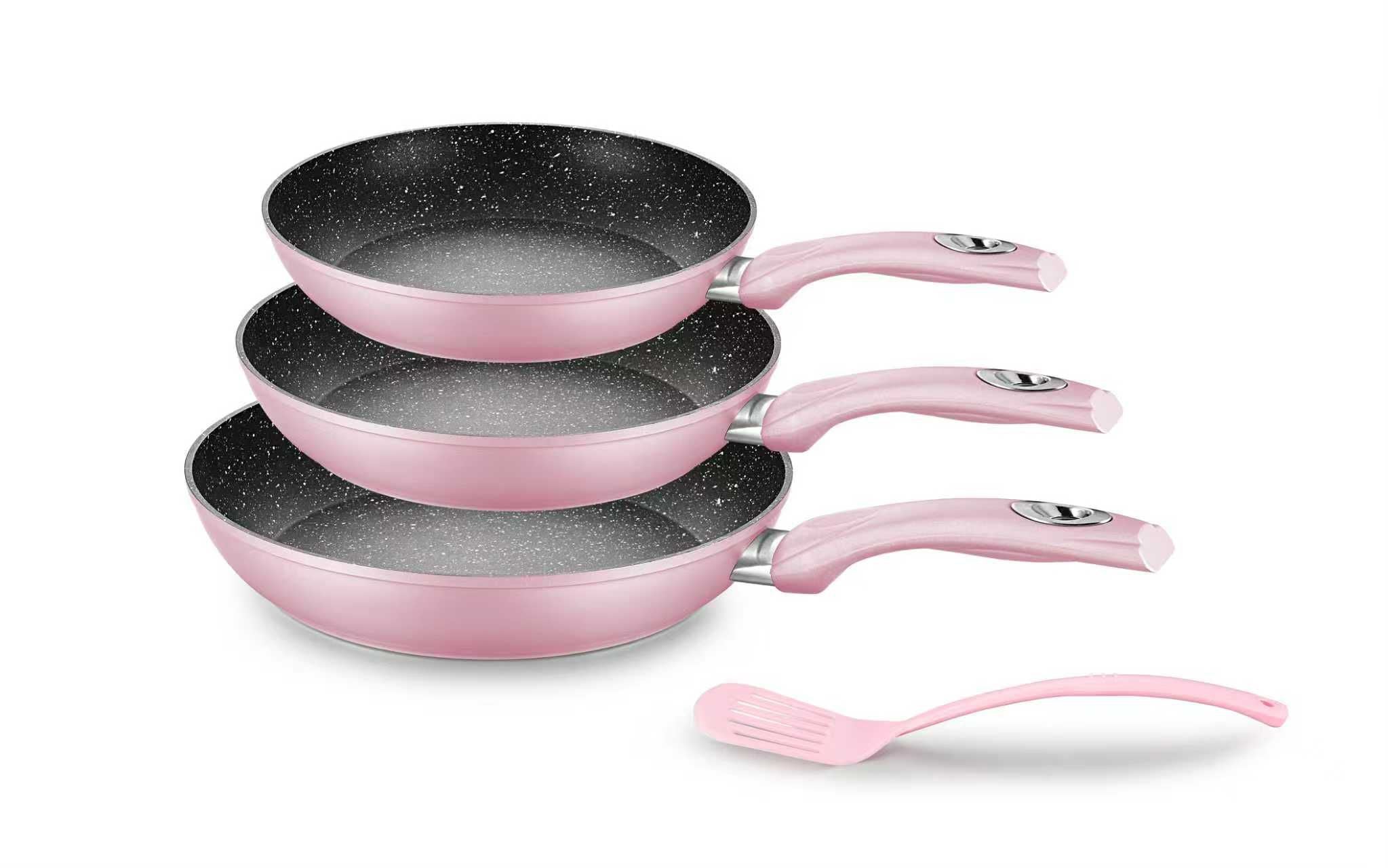 HOME BAVARIA TRIS PADELLE 20/24/28 ROSA ADATTE ALL'INDUZIONE + MESTOLO NYLON