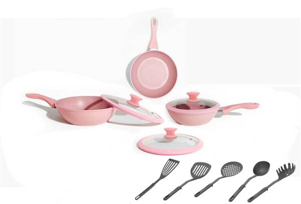 HOME BAVARIA BATTERIA 11PZ ROSA ADATTE ALL'INDUZIONE + 5 MESTOLO NYLON